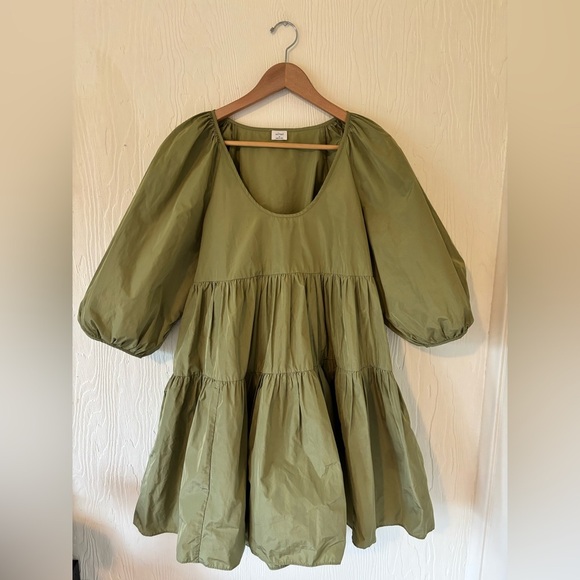 Wilfred Olive Green Oversized Fantasy Tiered Mini Puff Sleeve Ruffle Dress - Picture 5 of 12